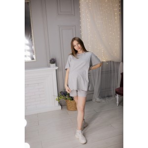 Комплект для беременных шорты c карманами и футболка оверсайз Серые